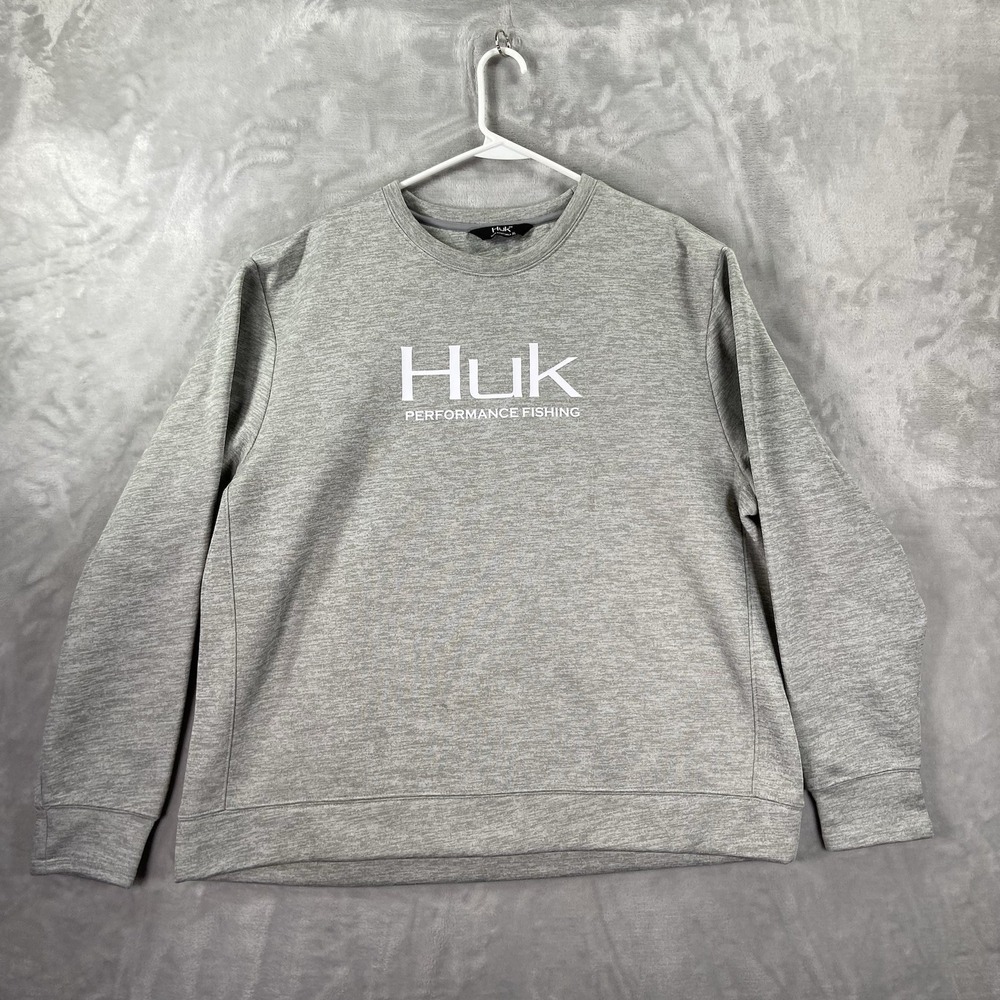HUK Fishing Sweatshirt Mens XL Performance Crew Neck Pullover Fleece Lined Gray
